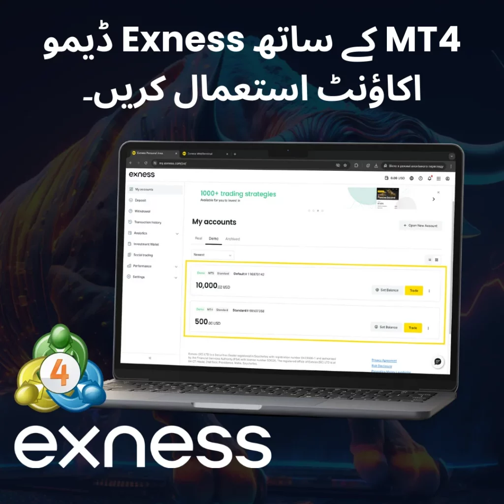 Exness MT4 ڈیمو اکاؤنٹ ورچوئل منی کے ساتھ